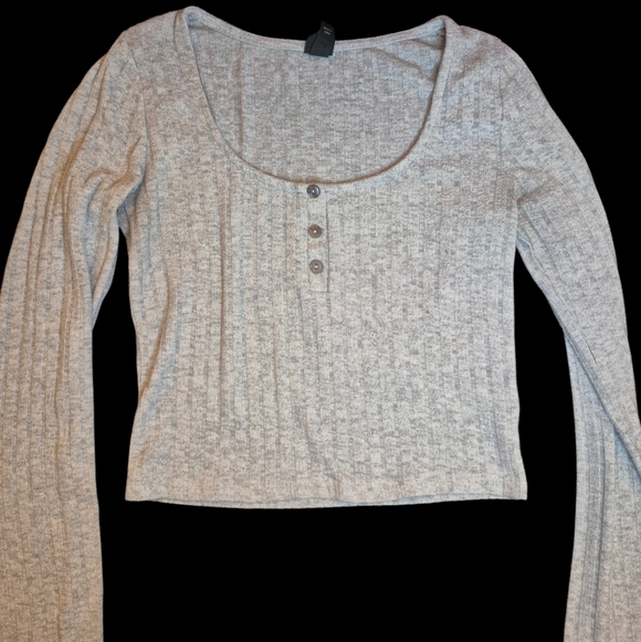 wild fable Tops - Light Gray Ribbed Henley Long Sleeve Top